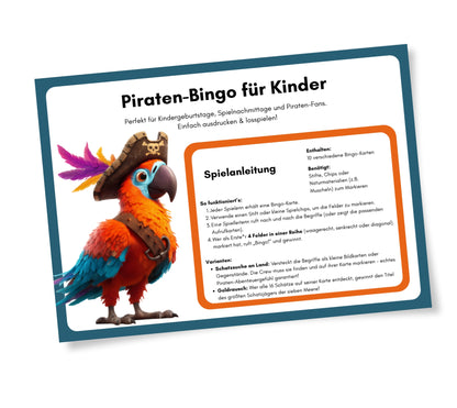Piraten-Bingo Spiel für Kindergeburtstag zum Ausdrucken – 16-Felder-Bingo mit Piratenmotiven, lustiges Partyspiel für kleine Schatzsucher