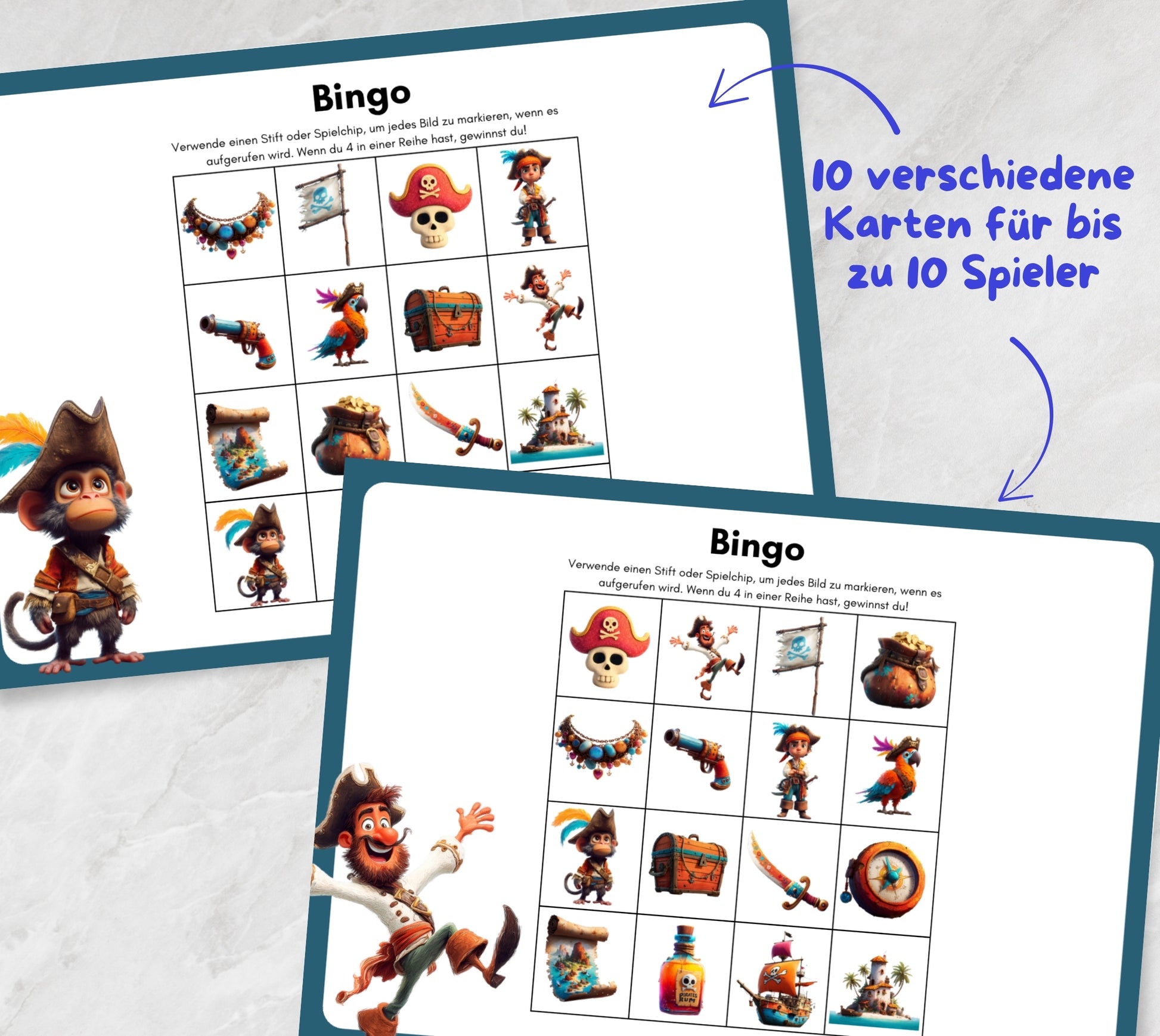 Detailansicht der Piraten-Bingo-Karte mit 16 Feldern und liebevollen Piraten-Illustrationen – ideales Printable-Spiel für Kinder