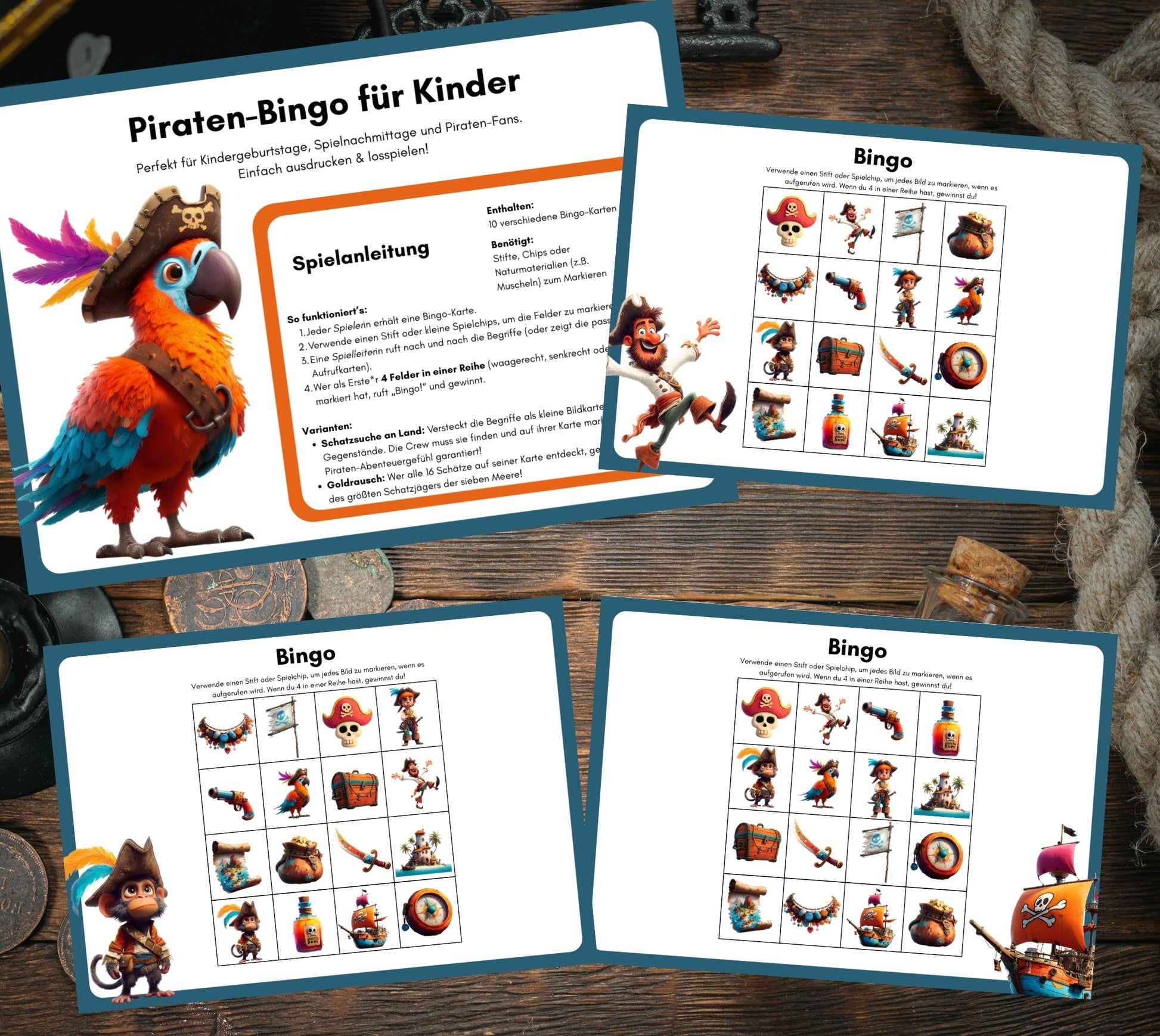 Piraten-Bingo mit Aufrufkarten zum Ausschneiden – PDF-Download für Kinderparty oder Schatzsuche