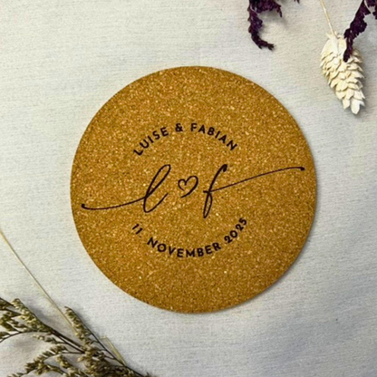 Personalisierte Kork-Untersetzer Hochzeit oder Silberhochzeit| Gravur mit Namen Datum | Geschenk für Brautpaar & Jubiläum | Goldene Hochzeit