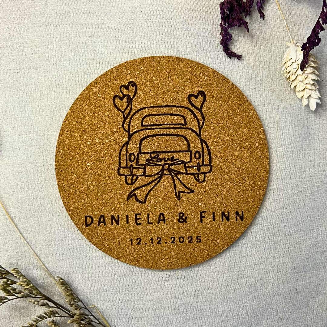 Personalisierte Kork-Untersetzer Hochzeit oder Silberhochzeit| Gravur mit Namen Datum | Geschenk für Brautpaar & Jubiläum | Goldene Hochzeit