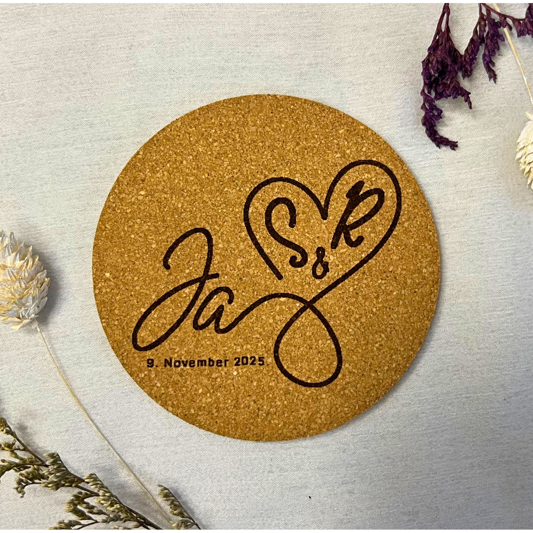 Personalisierte Kork-Untersetzer Hochzeit oder Silberhochzeit| Gravur mit Namen Datum | Geschenk für Brautpaar & Jubiläum | Goldene Hochzeit