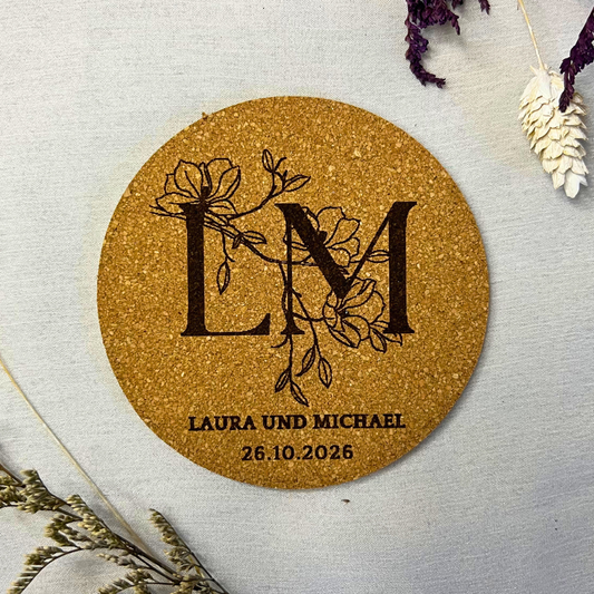 Personalisierte Kork-Untersetzer Hochzeit oder Silberhochzeit| Gravur mit Namen Datum | Geschenk für Brautpaar & Jubiläum | Goldene Hochzeit