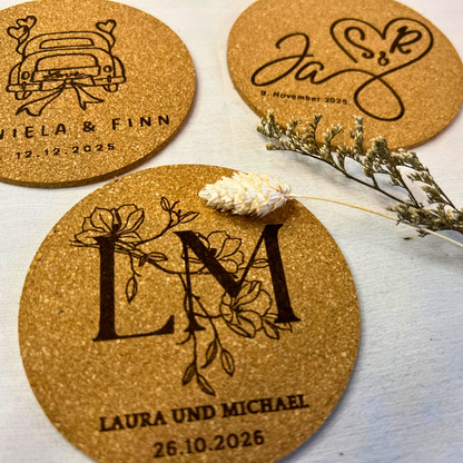 Personalisierte Kork-Untersetzer Hochzeit oder Silberhochzeit| Gravur mit Namen Datum | Geschenk für Brautpaar & Jubiläum | Goldene Hochzeit