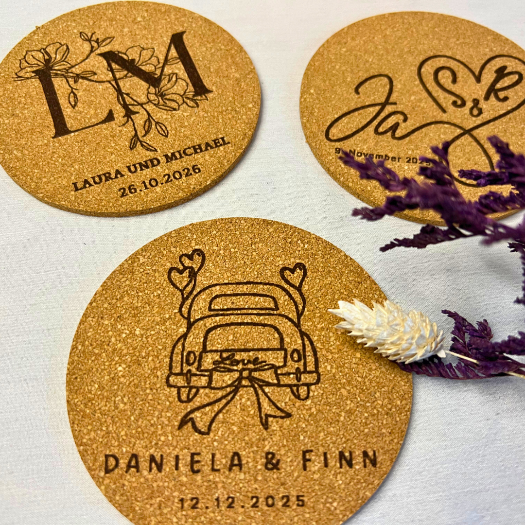 Personalisierte Kork-Untersetzer Hochzeit oder Silberhochzeit| Gravur mit Namen Datum | Geschenk für Brautpaar & Jubiläum | Goldene Hochzeit
