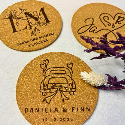 Personalisierte Kork-Untersetzer Hochzeit oder Silberhochzeit| Gravur mit Namen Datum | Geschenk für Brautpaar & Jubiläum | Goldene Hochzeit