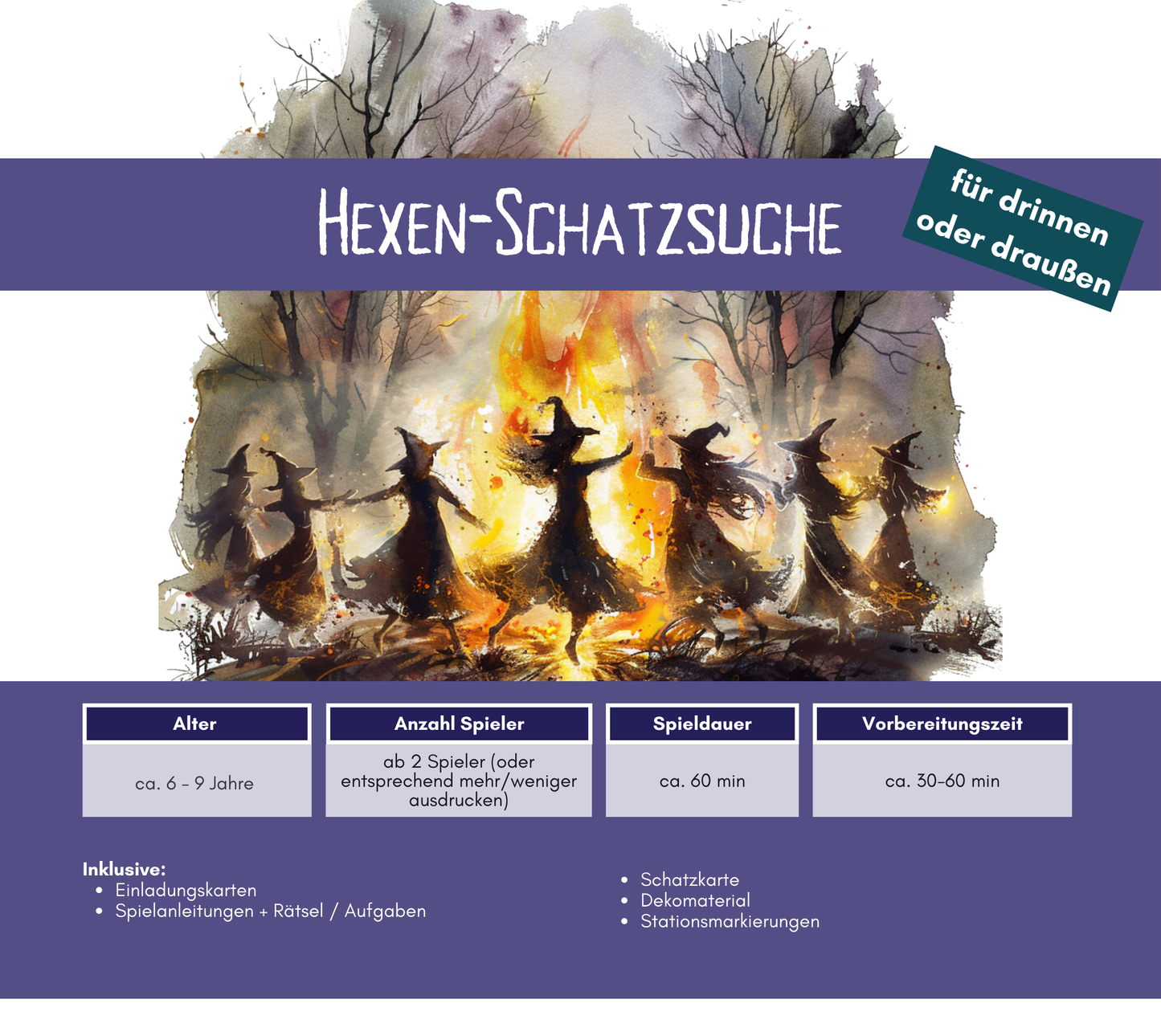 Hexen Schatzsuche für Kinder (6-9 Jahre) zum Ausdrucken | Sofort-Download