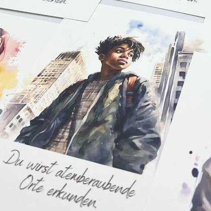 Affirmationskarten für Jugendliche – 10 Achtsamkeitskarten mit Mädchen & Jungen | Geschenk für Teenager | Kartenständer personalisierbar
