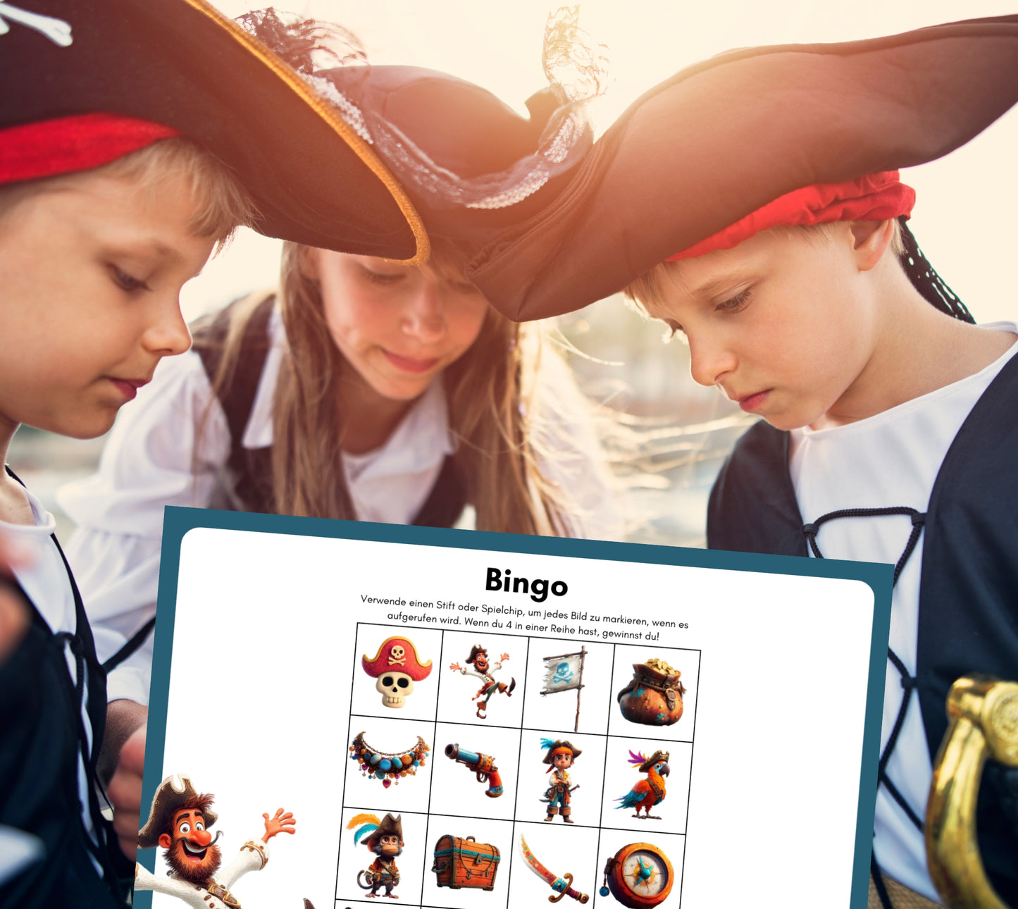 Kinder spielen Piraten-Bingo – lustiges Gruppenspiel für Piratenparty oder Kindergeburtstag, 4x4-Felder-Bingo