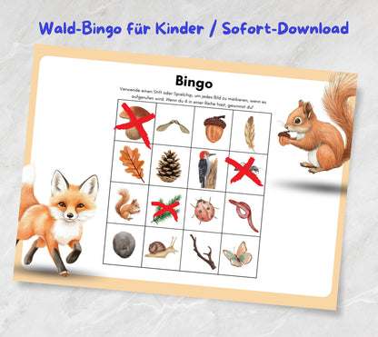 Wald-Bingo für Kinder / Sofort-Download Printable / Kinder-Spiele Waldgeburtstag / Kindergeburtstagsspiele schnell sofort spielbar