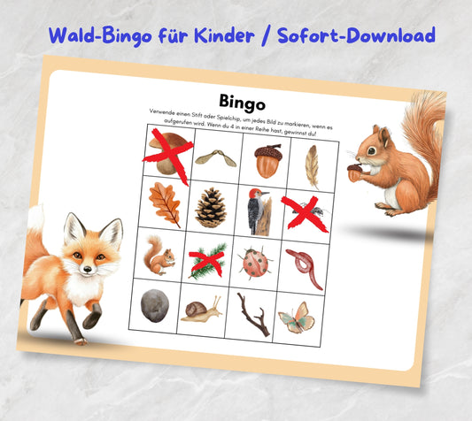 Wald-Bingo für Kinder / Sofort-Download Printable / Kinder-Spiele Waldgeburtstag / Kindergeburtstagsspiele schnell sofort spielbar