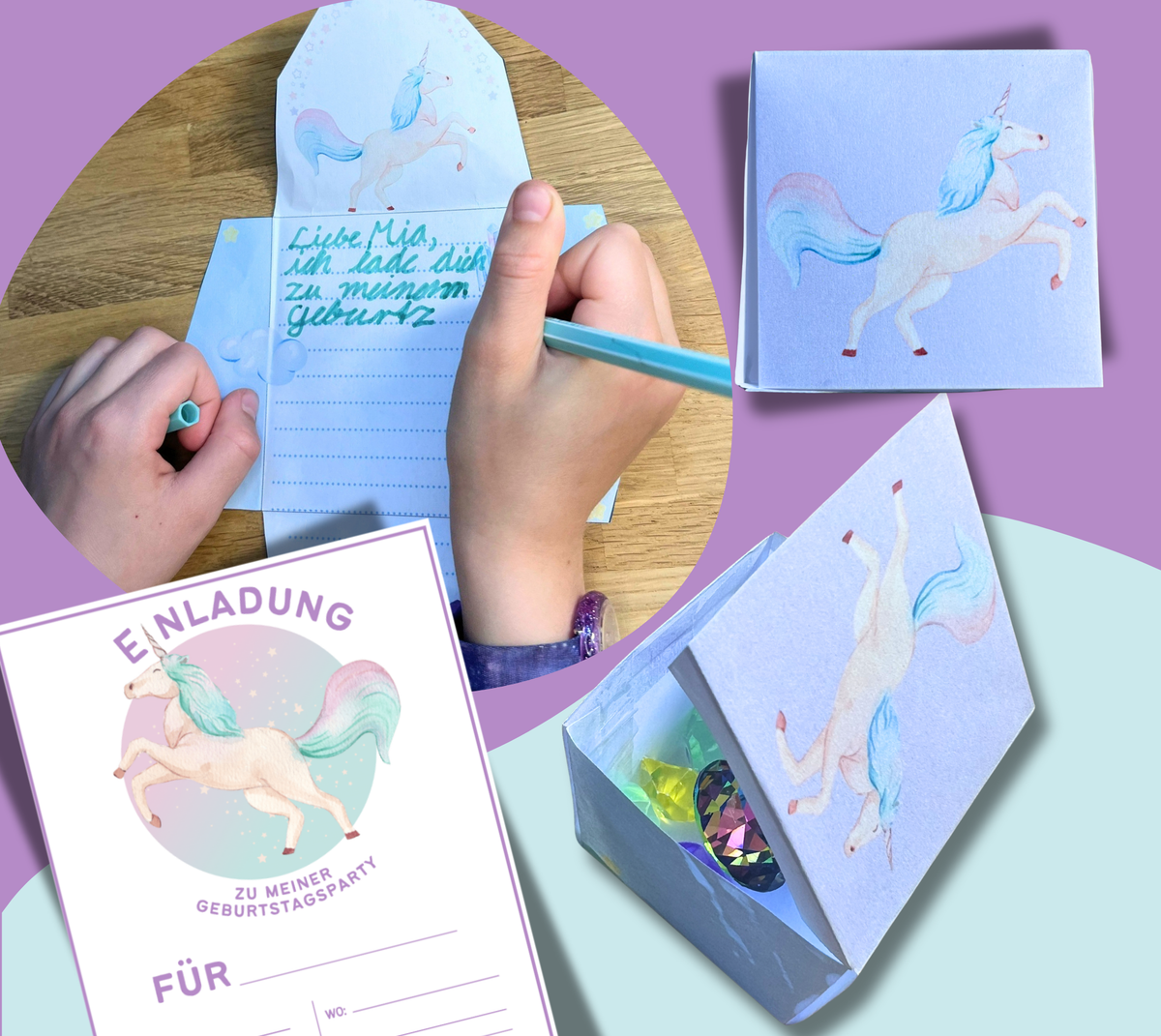 Einhorn gratis Set mit Einladung Mitgebselbox Briefpapier Kindergeburtstag