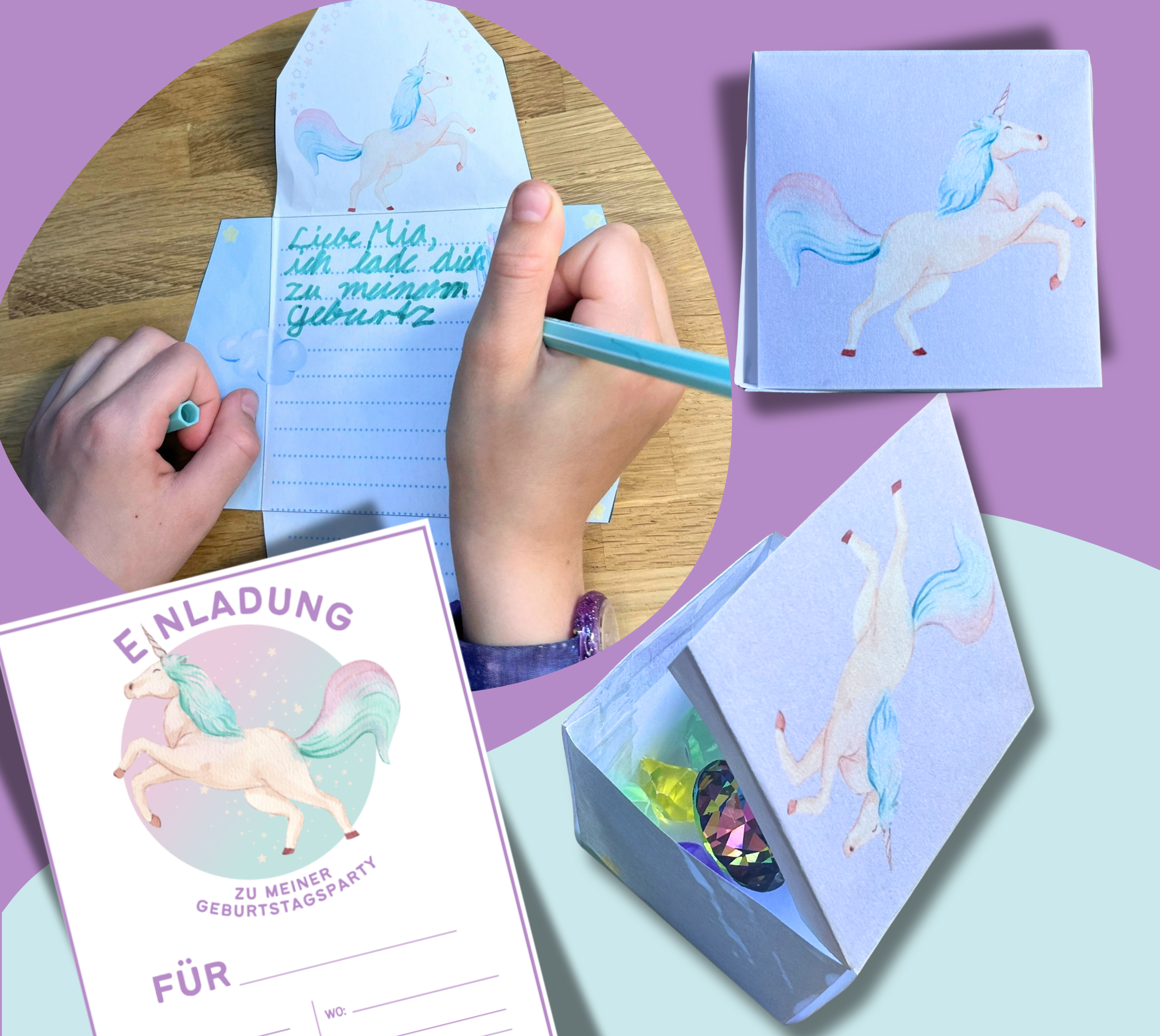 Einhorn gratis Set mit Einladung Mitgebselbox Briefpapier Kindergeburtstag