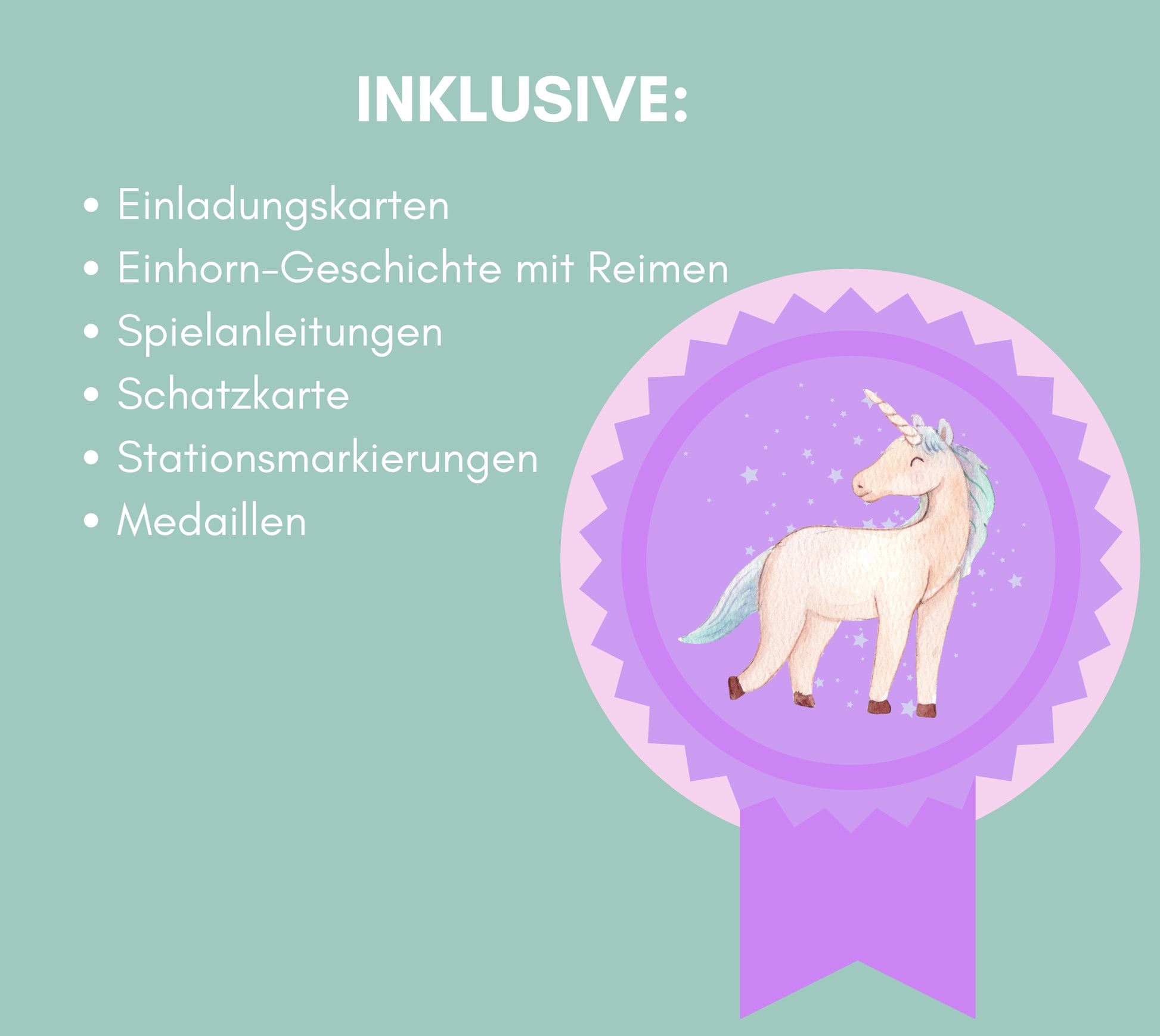 Was ist inklusive in der Einhorn Schatzsuche? Einladungskarten, Einhorn-Geschichte mit Reimen, Spielanleitungen, Schatzkarte, Stationsmarkierungen, Medaillen