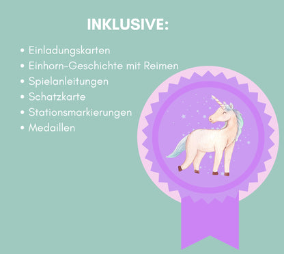 Was ist inklusive in der Einhorn Schatzsuche? Einladungskarten, Einhorn-Geschichte mit Reimen, Spielanleitungen, Schatzkarte, Stationsmarkierungen, Medaillen