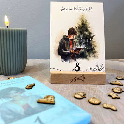 Adventskalender Geschenkset | 24 Karten + Holzständer mit Gravur + Weihnachtskonfetti | personalisierbar