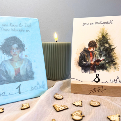 Adventskalender Geschenkset | 24 Karten + Holzständer mit Gravur + Weihnachtskonfetti | personalisierbar