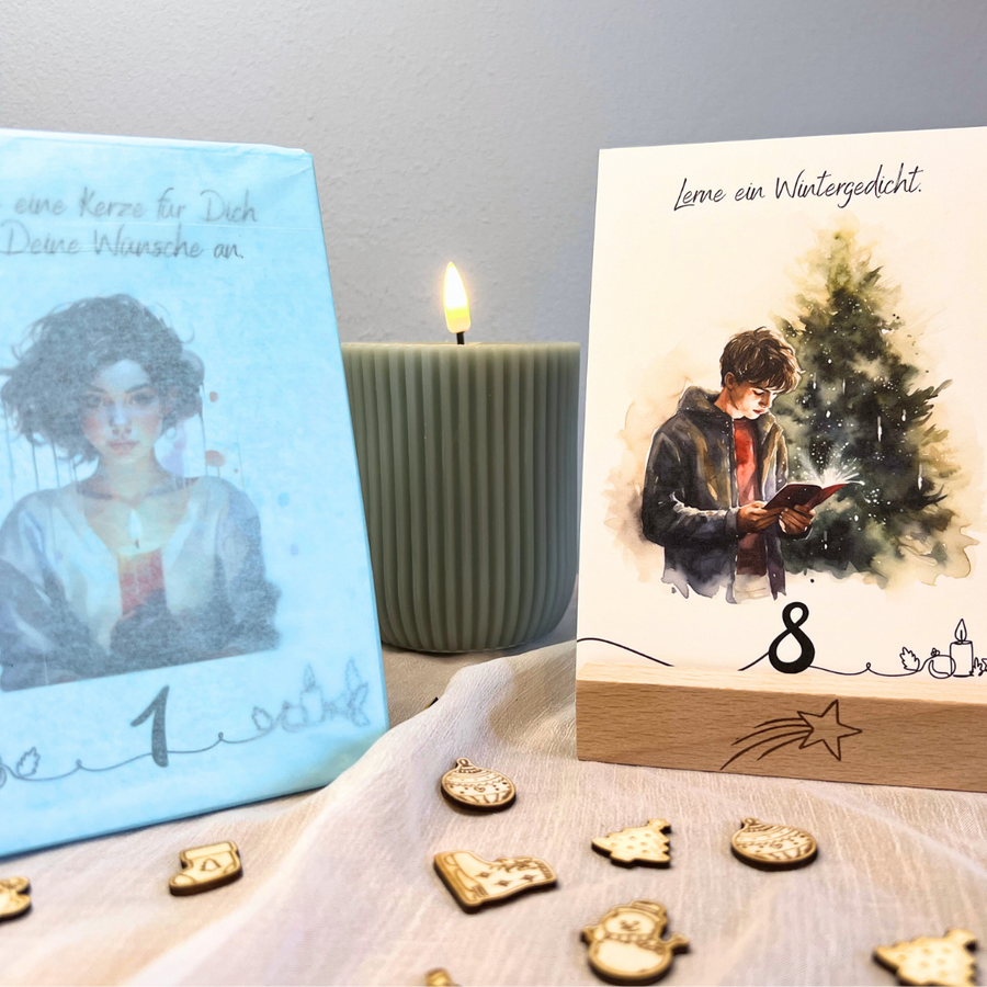 Adventskalender Geschenkset | 24 Karten + Holzständer mit Gravur + Weihnachtskonfetti | personalisierbar
