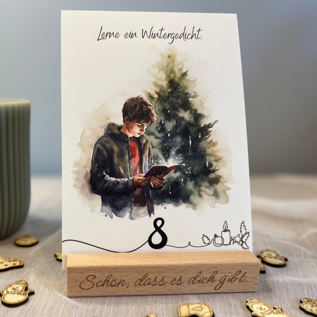 Adventskalender Geschenkset | 24 Karten + Holzständer mit Gravur + Weihnachtskonfetti | personalisierbar